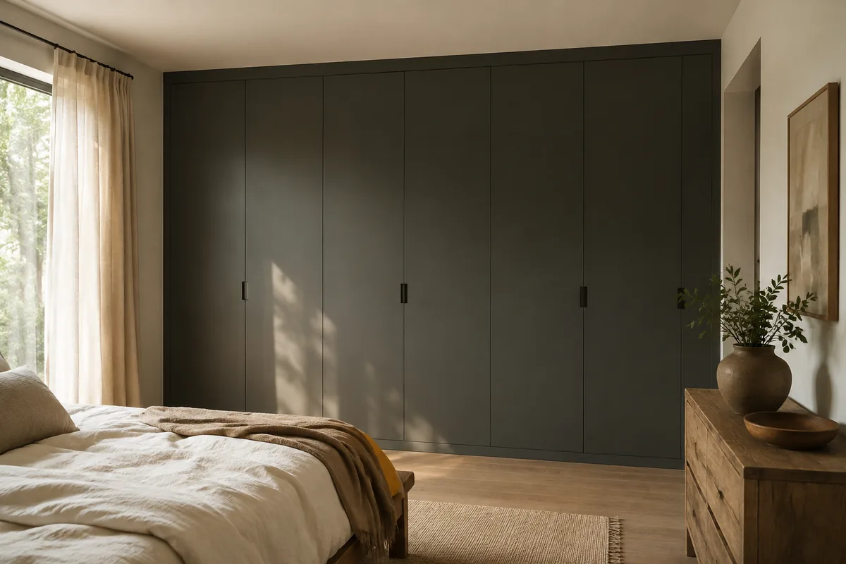 Visualización conceptual de un clóset oscuro empotrado con puertas cerradas