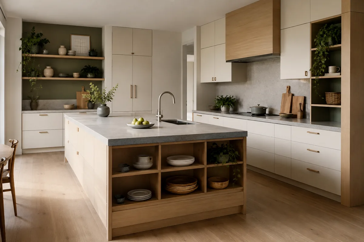 Visualización conceptual de una cocina clara con isla central y muebles de almacenamiento