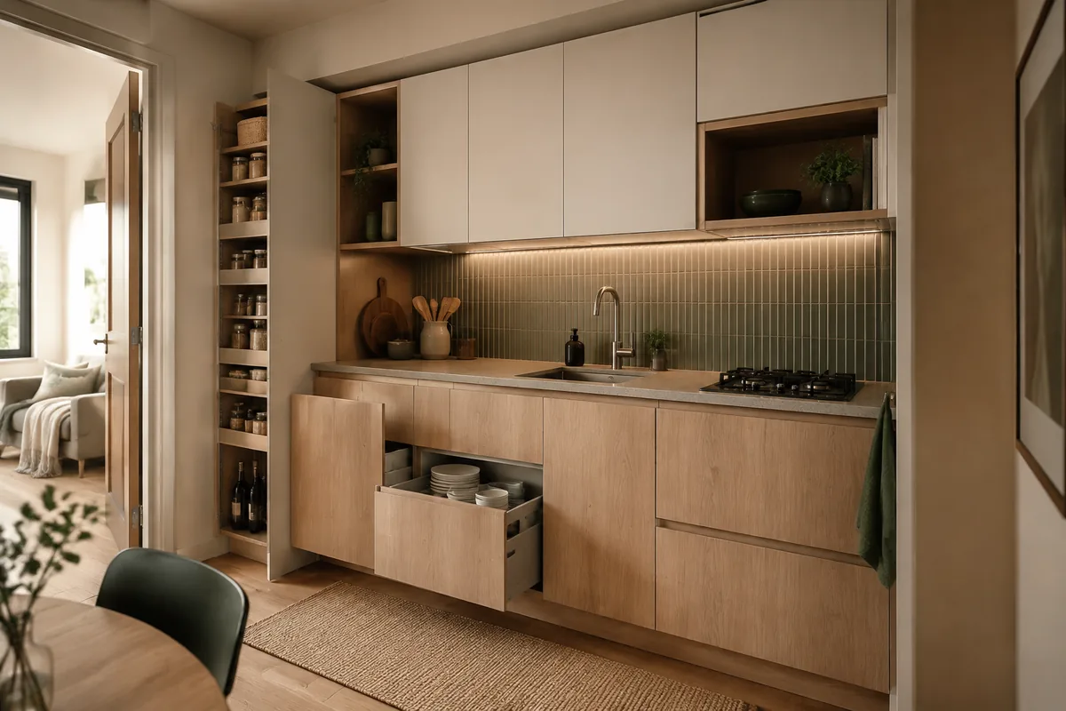 Visualización conceptual de una cocina compacta con gabinetes y almacenamiento integrado