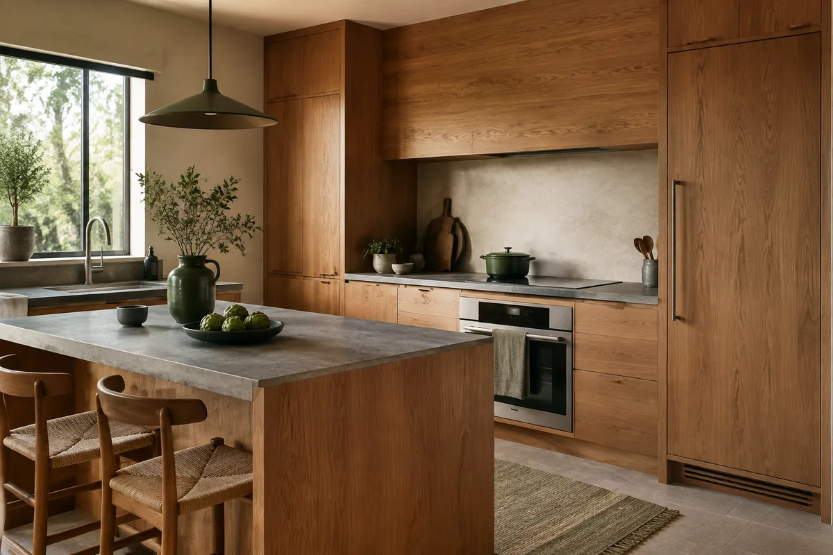 Visualización conceptual de una cocina en madera natural con electrodomésticos integrados