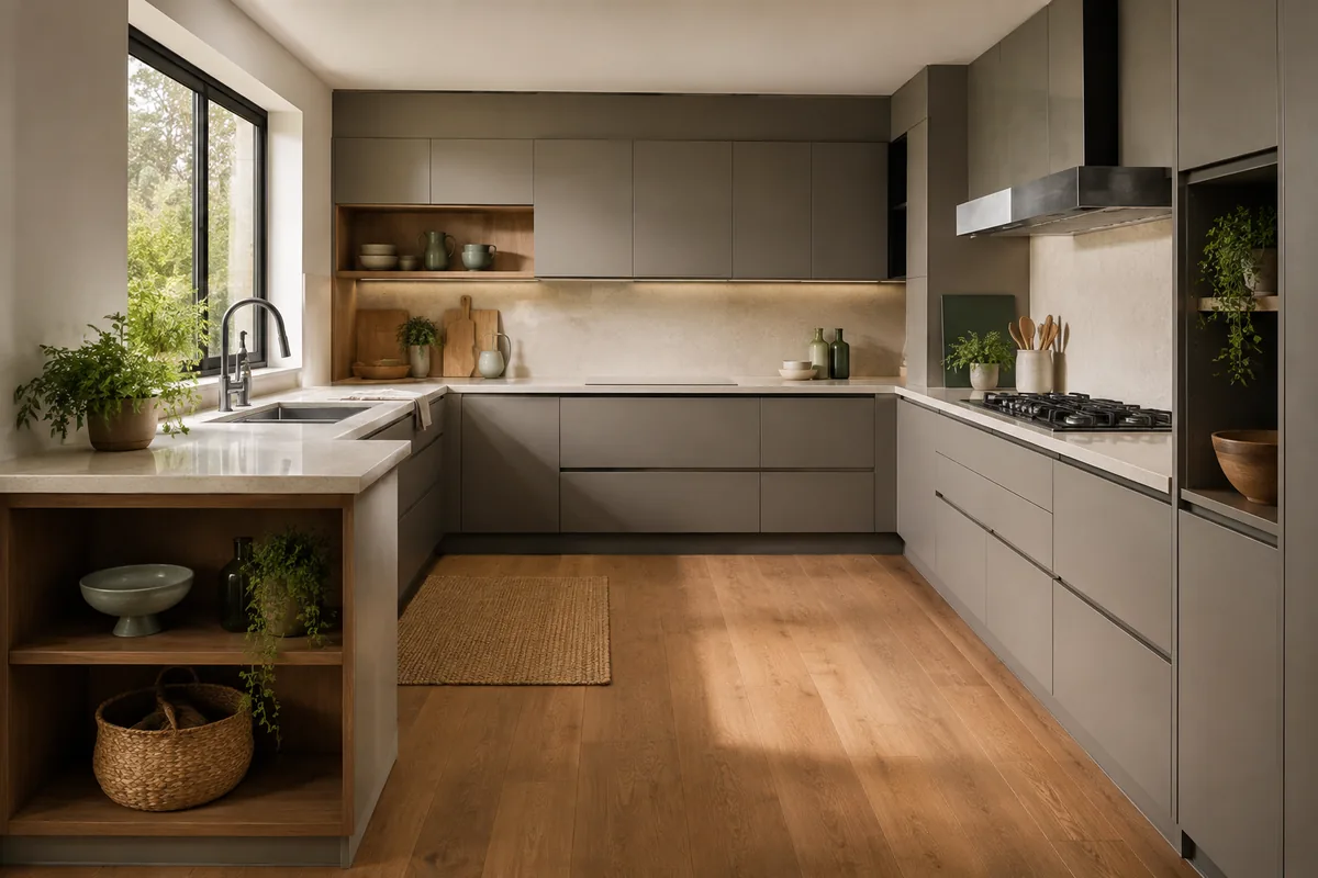 Visualización conceptual de una cocina gris en U con almacenamiento superior e inferior