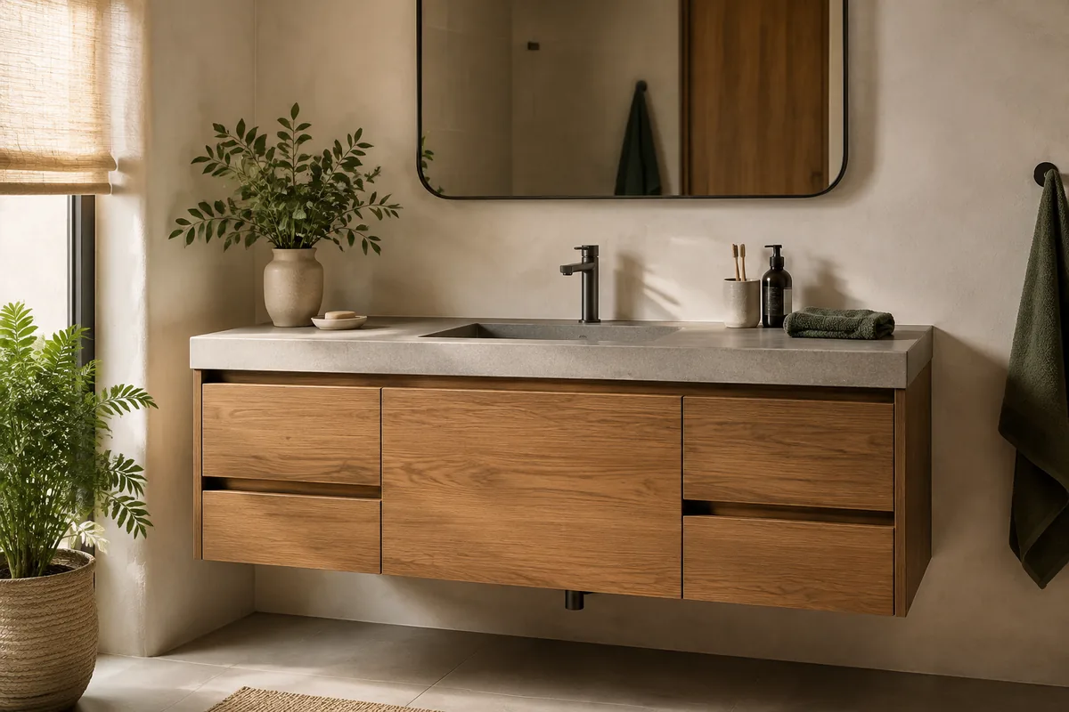 Visualización conceptual de un mueble flotante de baño bajo lavamanos con cajones
