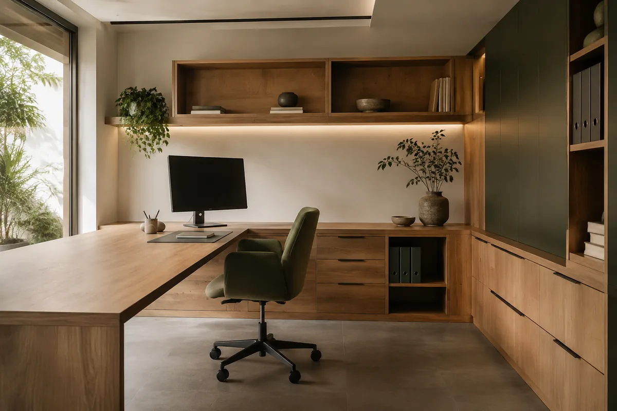 Visualización conceptual de un mueble de oficina con escritorio, estanterías y archivo